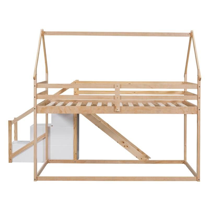 Twin over Twin House Loft or Bunk Bed with Slide, Staircase Storage, and Space-Saving Design, Made from Pine Wood and MDF