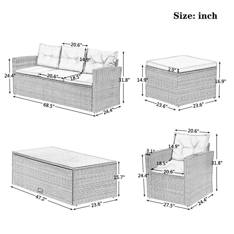 6-piece Patio Furniture Wicker Rattan Conversation Sectional Set with Table
