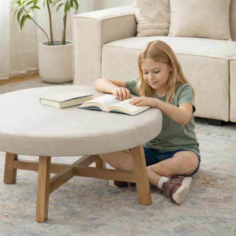 Round Upholstered Coffee Table with Solid Wood Base, Modern Fabric Ottoman Table for Living Room