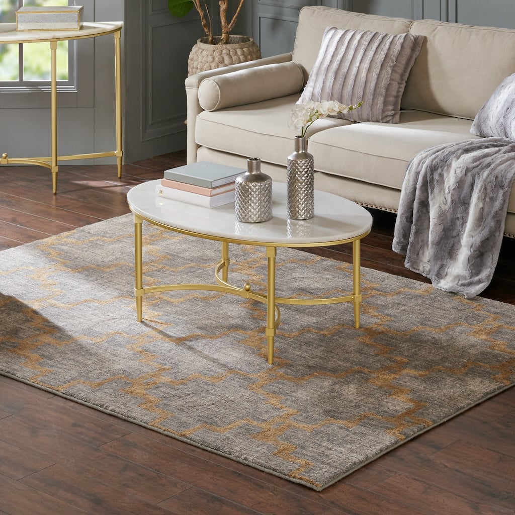 Madison Park Signature Bordeaux Goldtone Metal Oval Coffee Table with White Marble Top