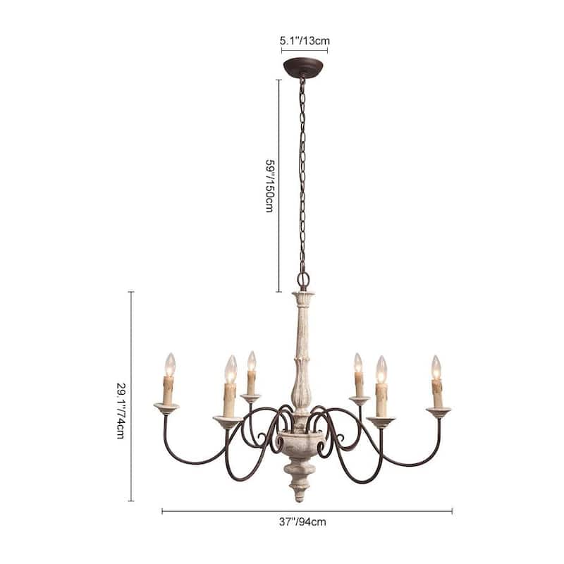 Modern Farmhouse 6-Light Shabby Chic Candle Style Wood Chandelier - Cream - 37 in.