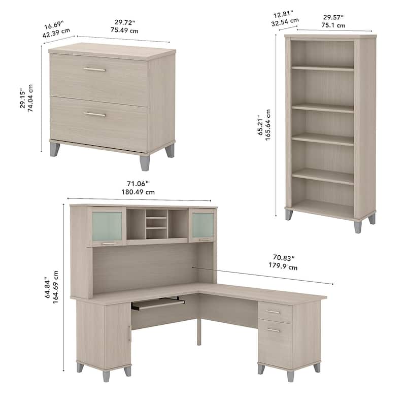 Somerset 72W L Shaped Desk with Hutch, Cabinet and Bookcase in Gray