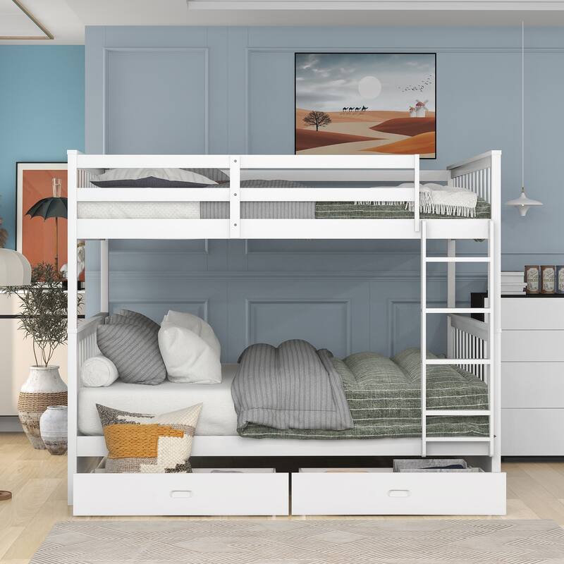 Full Over Full Bunk Bed with Drawers, Full Size Bunk Bed, Solid Wood Bunk Bed Frame with Ladders & 2 Storage Drawers - White