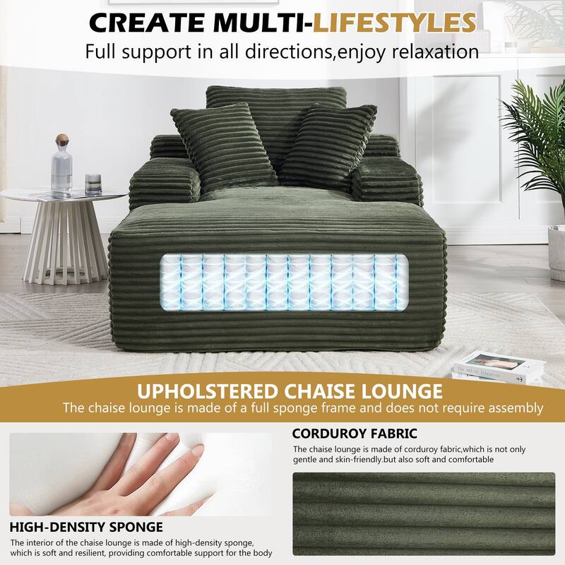Deep Seat Chaise Lounge Chair, Wide Armrest Sleeper Sofa with Three Soft Pillows, Convertible Boneless Sofa Bed Daybed