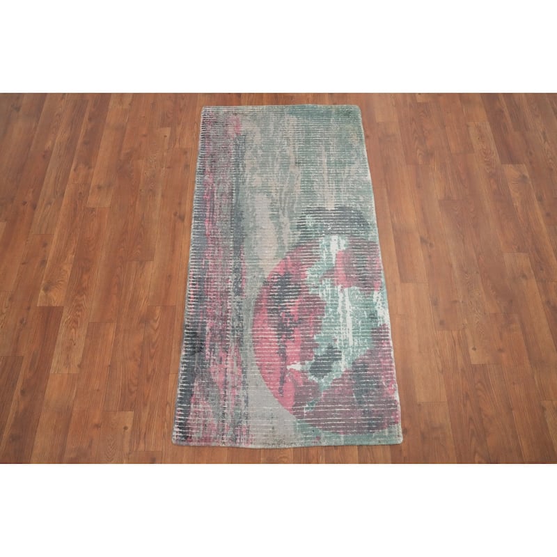 Hand Knotted Oriental Viscose Silk Carpet Modern Abstract Green Abstract Area Rug - 4' 0'' X 2' 0''