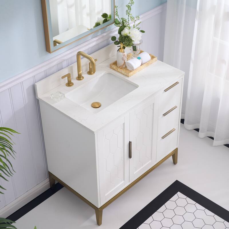 35''H Solid Wood Bath Vanity with Stain-resistant Carrera White Quartz Top and Sink
