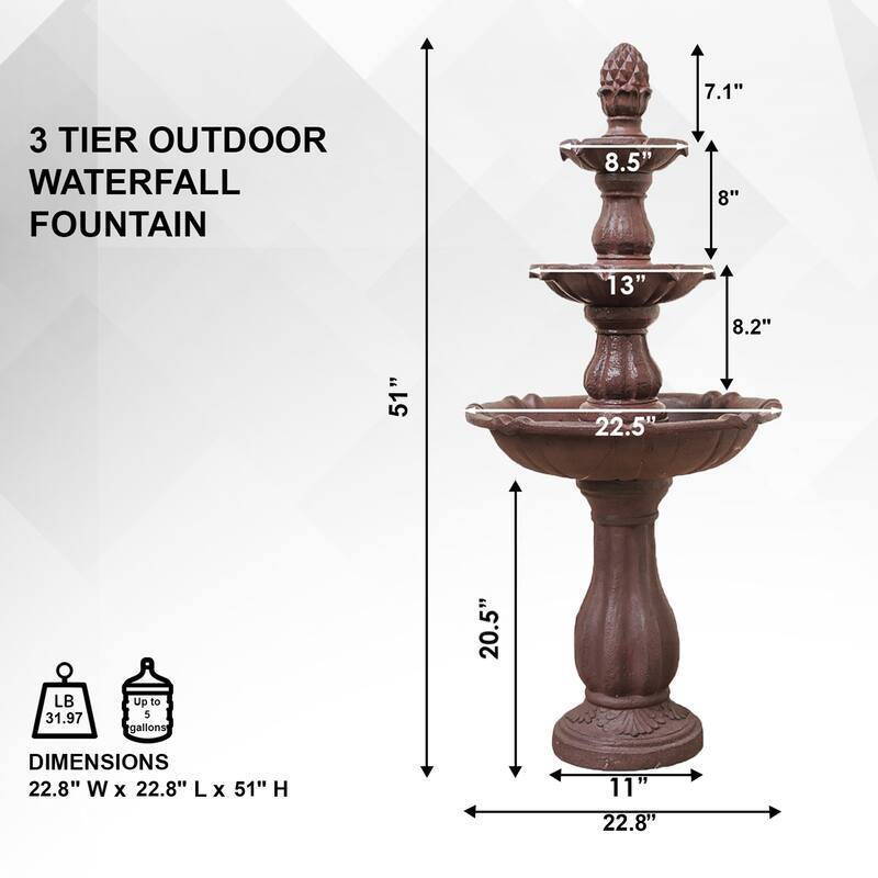 XBrand 3-Tier Water Fountain w/Pump & Pineapple Top, 51 Inch Tall, Large Outdoor Freestanding Waterfall Decor for Porch