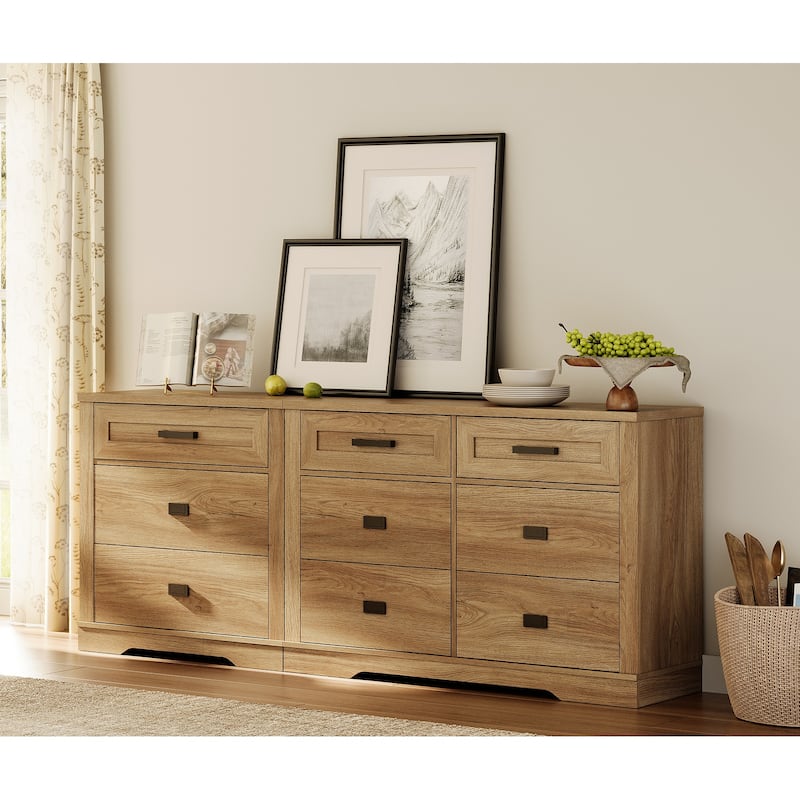 WAMPAT Mid Century Modern 2 in 1 Dresser with 9 Drawers for Bedroom - Vintage Oak