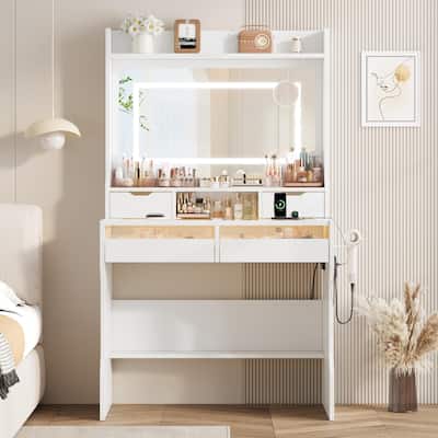 Vanity Desk with Mirror and Lights,Small Makeup Vanity Desk with 4 Drawers