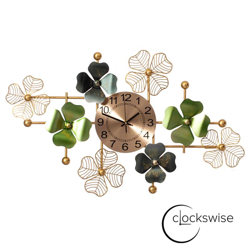Big Leaf Art Wall Clock, Metal 33.50” Oversize Timepiece – Mounted vertical or horizontal – Hanging Supplies Included - Gold