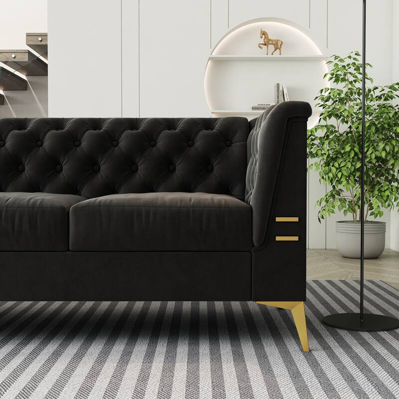 82'' Velvet 3 Seater Chesterfield Sofa Couch with Gold Metal Legs, High Rebound Sponge and Removable Cushions