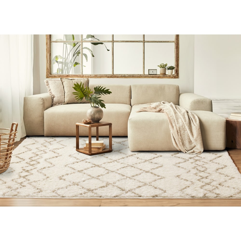 Modern Geometric Soft Shag Rug in Cream Beige