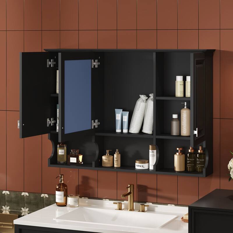 Roomfitters 41 Inch Mirror Medicine Cabinet with Open Shelves, Wall Mount Storage with Adjustable Shelf & Doors
