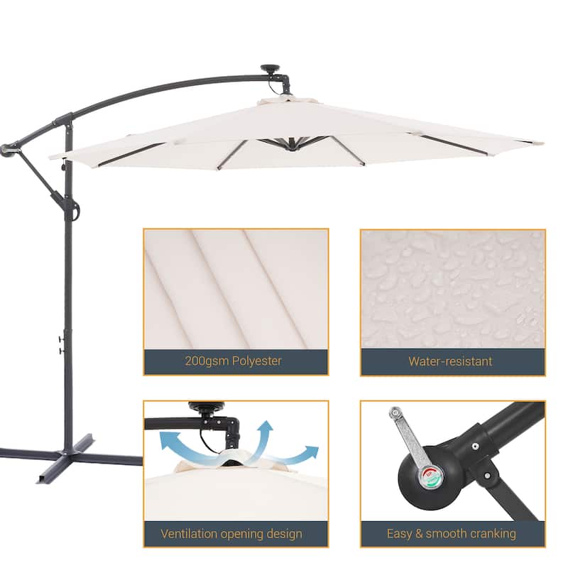 10Ft LED Patio Offset Umbrella Hanging Circle Umbrellas,w/Cross Base