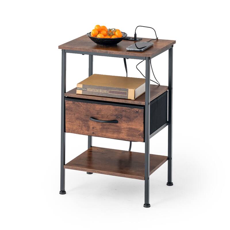 Homy Casa Industrial Nightstands Drawers, USB, Power Outlet Vintage