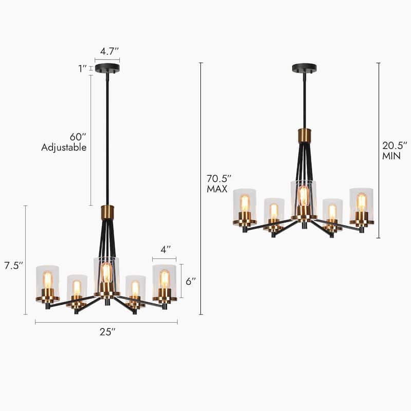 Modern Glam 5-Light Black Gold Chandelier Dining Room Chandelier with Cylinder Glass - 25 " D