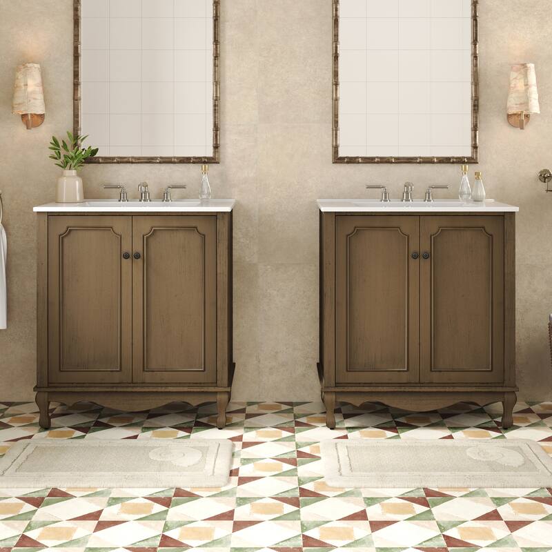 60" Double Sinks Bathroom Vanity Set, Vintage Bathroom Cabinet with Two Separate Ceramic Sink and Antique Knobs