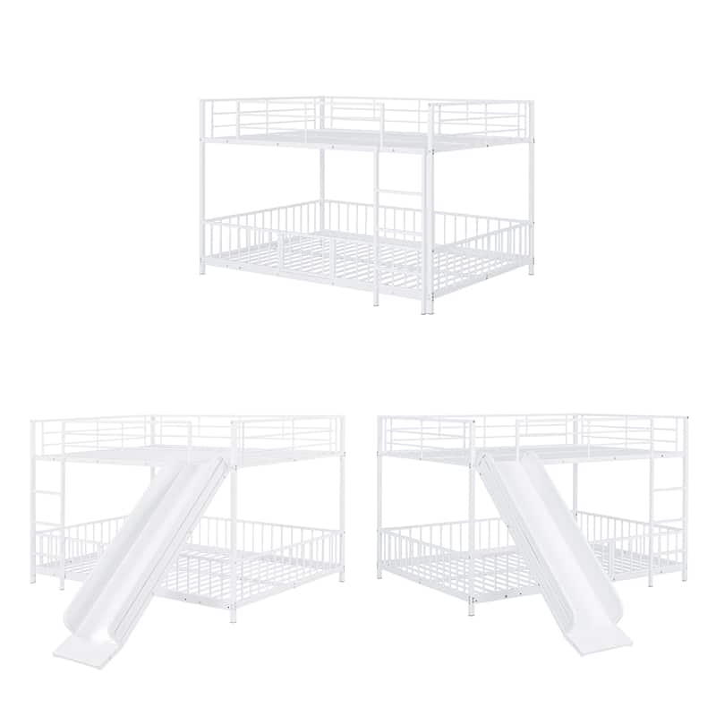 White Full over Full Size Metal Bunk Bed with Slide and Guardrails for Kids, Boys and Girls, Bedroom