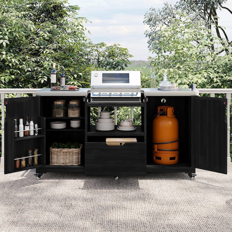 66.5" Outdoor Kitchen Island for Big Green Egg Grills, Solid Wood Grill Cart with Stainless Steel Top