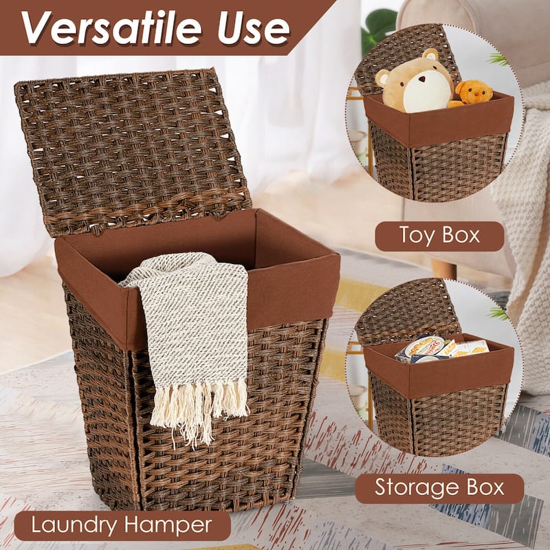 Gymax Handwoven Laundry Hamper Foldable w/Removable Liner, Lid & - 17.5'' X 12'' X 21''