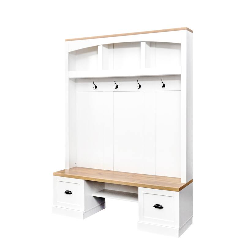 Farmhouse Hall Tree with Wood Grain Bench, Hooks and Bottom Cabinets