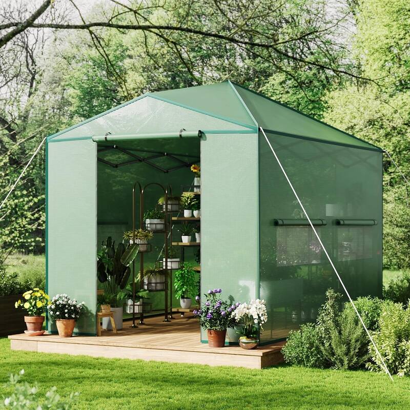 8*12 ft Portable Pop-Up Greenhouse, Featuring Zippered Doors and Mesh Window Walls, Green. - 8*12FT - 8*12FT