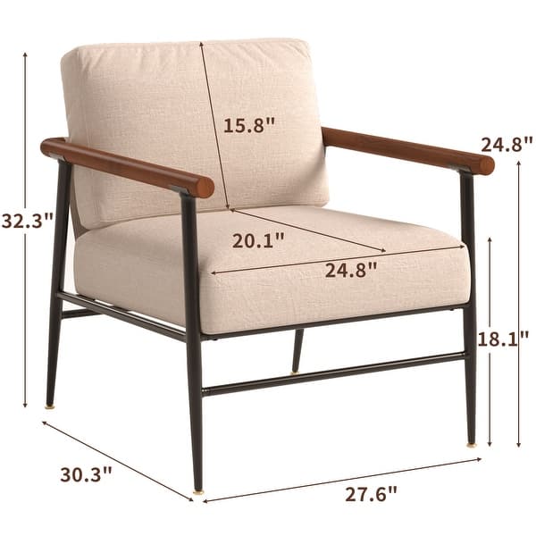 Modern Accent Chair, Wood Armrests and Black Metal Frame, Comfy Lounge Chair with Beige Seat Cushion&Backrest