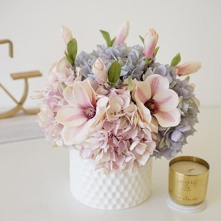 Mademoiselle Pink Blue Hydrangeas Magnolia Floral in Ceramic Vase - Purple - Bed Bath & Beyond - 23386608