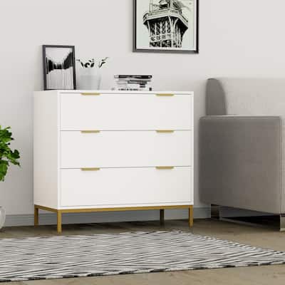 Anmytek White 3-Drawer Dresser with Gold Metal Legs Mid Century Modern Chest of Drawers 31.5 in. W x 29.5 in. H x 15.7 in. D