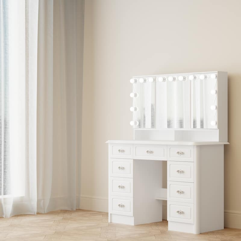 40.2"W White Makeup Table Dressing Desk Tri-Fold Mirror Silent Drawers