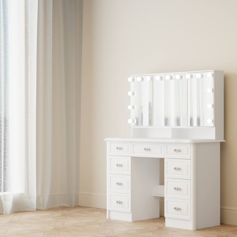 Makeup Vanity Desk with Lights and Mirror, White Vanity Table with 9 Drawers, Hollywood Lighted Vanity Desk Dressing Table