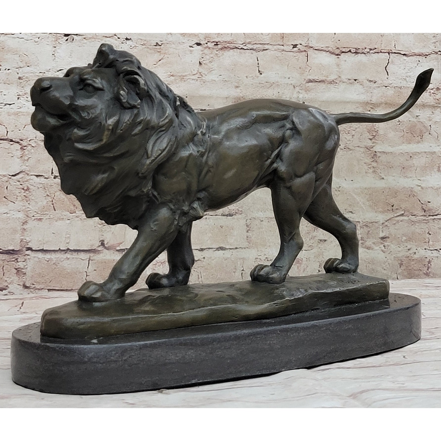 Signed African Male Imitative Lion King Of Jungle On Prowl Bronze Sculpture Art Deco Decor