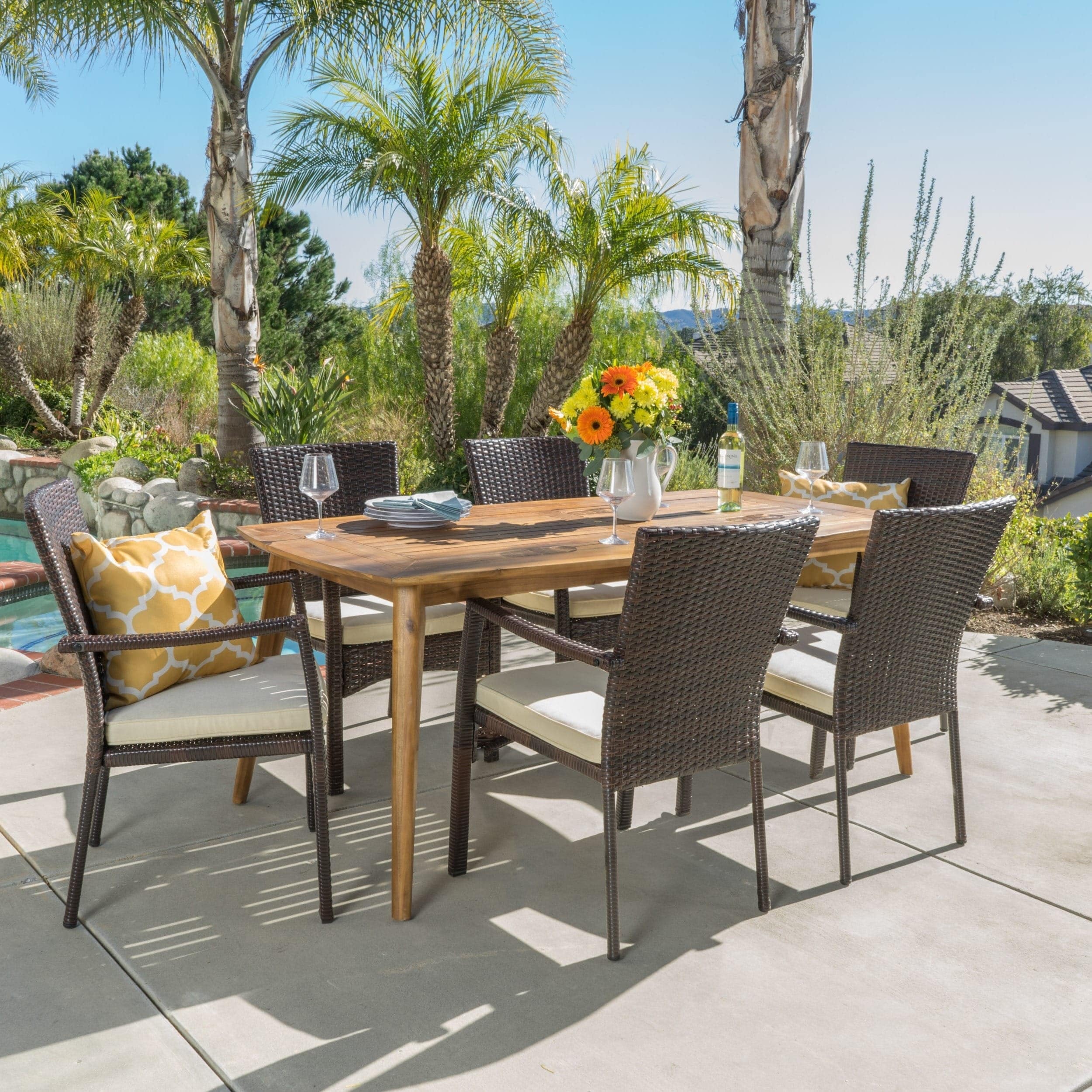 Talbot Outdoor 7-piece Wood Rectangle Dining Set with Cushions by Christopher Knight Home