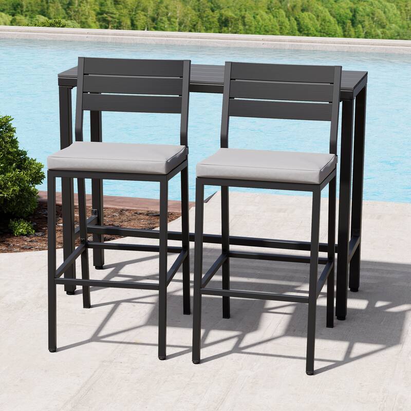 Outdoor Patio Bar Stools Set Rectangle Bar Table and Barstools with Cushion - N/A - Grey Table with Light Grey Cushion Chairs