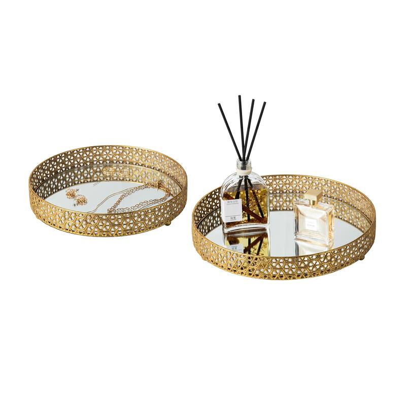 Glitzhome Set of 2 Modern Gold Floral Pattern Mirrored Decorative Trays with Handles