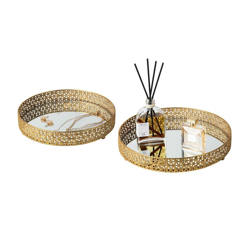 Glitzhome Set of 2 Round Metal Gold Mirrored Decorative Trays -13"/15"L
