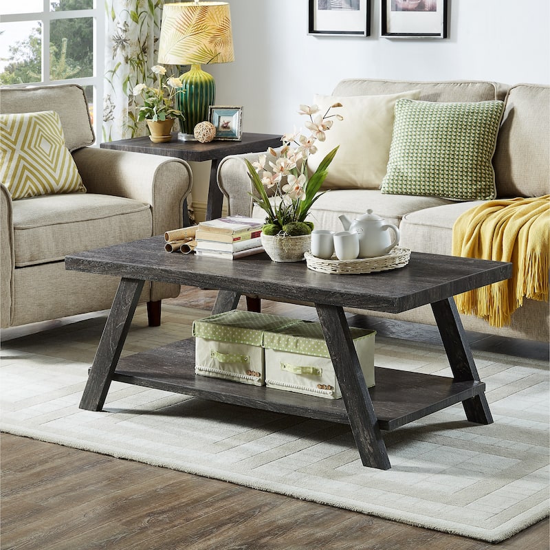 Contemporary Replicated Wood Shelf Coffee Set Table in Charcoal Finish