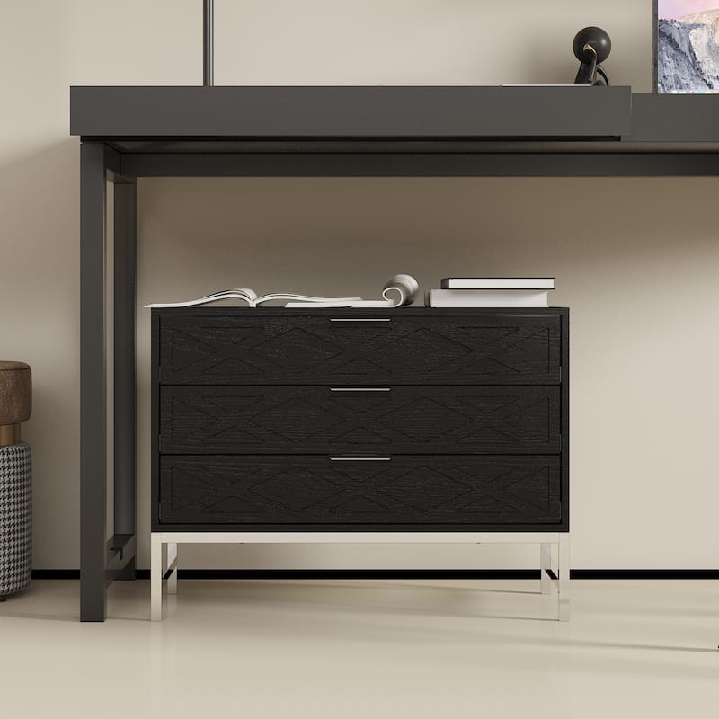 31.5 Inch Wide Nightstand with 3 Drawers Black Wooden Bedside Table