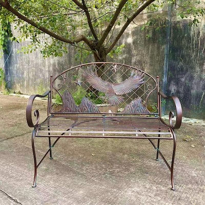 Round Top Iron Garden Bench with Flying Eagle Backrest "Klamath" - 43.7" L x 20.47" W x 37.4" H
