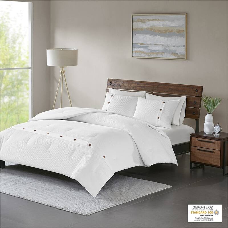 GDF Studio - Finely 3-Piece Cotton Waffle Weave Comforter Set with Wood Button Accents