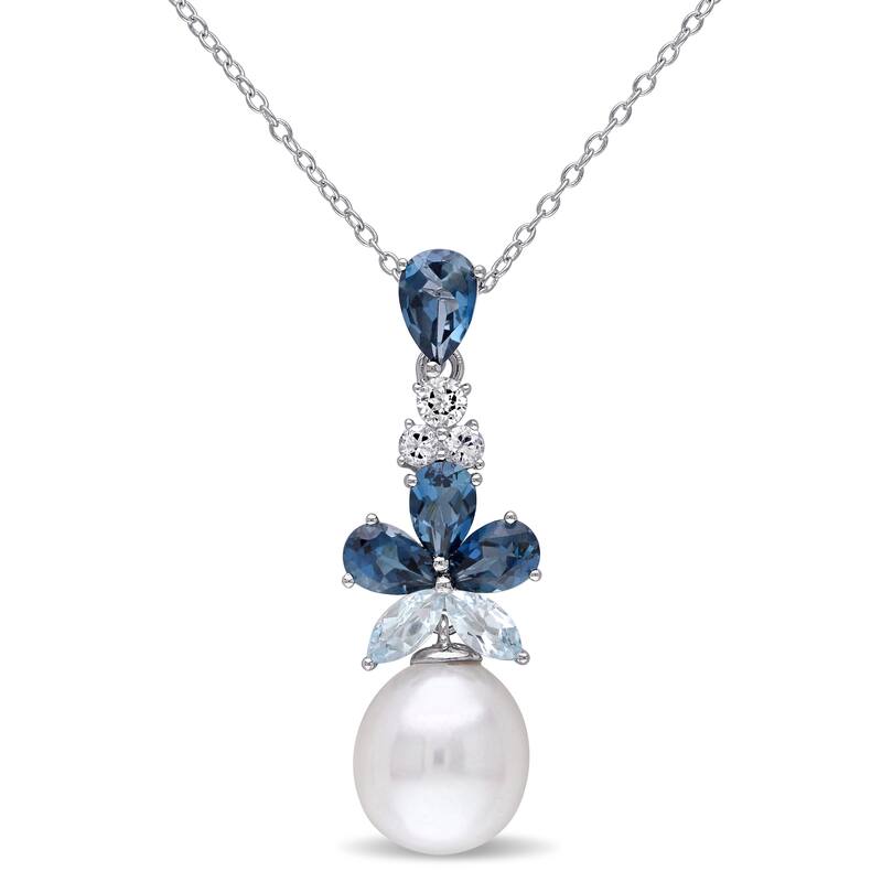 Miadora 3 1/4 ct TGW London, Sky Blue and White Topaz and 9.5-10mm White Cultured Freshwater Pearl Drop Sterling Silver