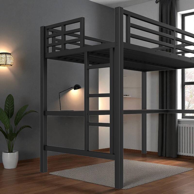 Metal Twin/Twin XL Loft Bed with Desk, Power Outlet & LED Lights, Space-Saving Noise-Free Frame for Study or Gaming Area