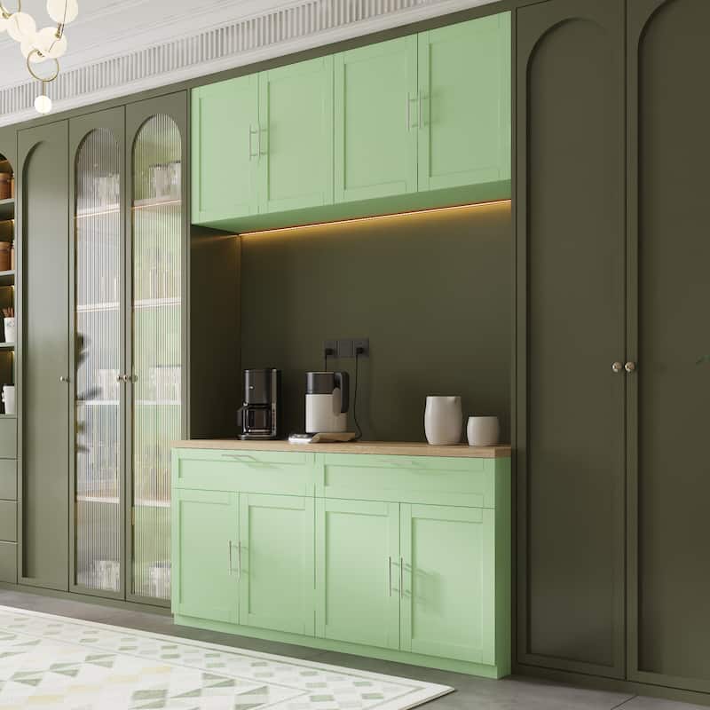 2 Piece Modular Closet Storage Set with Floor and Wall Cabinets Pantry - Green