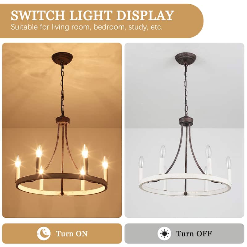 6-Light Farmhouse Candle Circle Hanging Wagon Wheel Chandelier Lighting for Kitchen Island