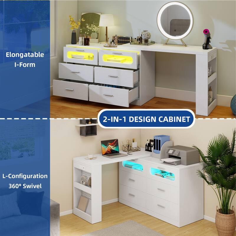 Moasis L-Shade Corner Rotating Dresser Desk With 6 Drawer And Charger Station