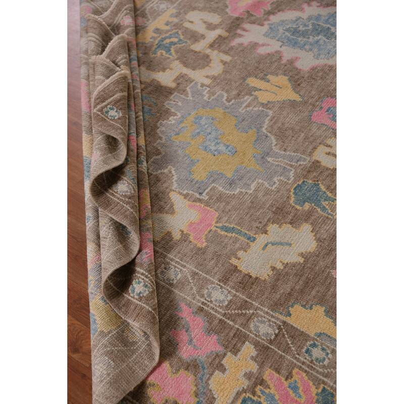 Hand Knotted Oriental 100% Wool Carpet Transitional All-Over Brown Oushak Area Rug - 12' 8'' X 8' 11''