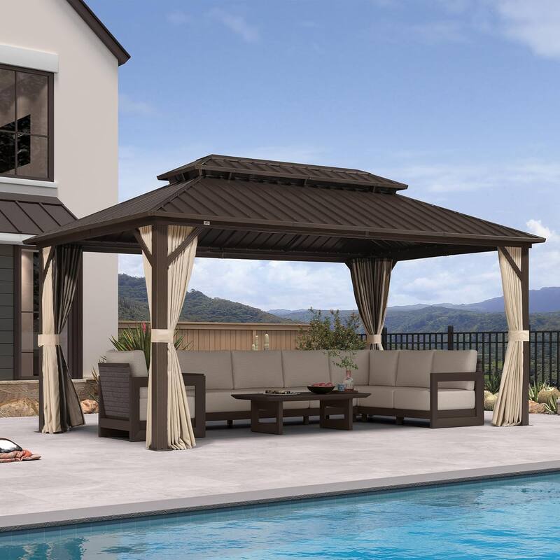 PURPLE LEAF Gazebo Outdoor Gazebo with Dual-Layer Galvanized Steel Double Roof Aluminum Gazebo with Netting and Curtains Bronze