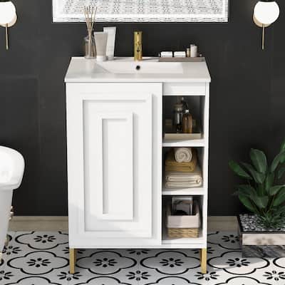 24" White Bathroom Vanity Modern Design with Ceramic Basin, Gold Legs and Semi-Open Storage