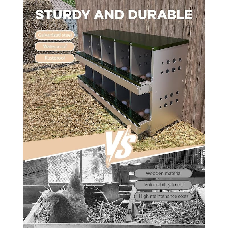 10-Compartment Metal Chicken Nesting Box, Waterproof Egg Laying Box