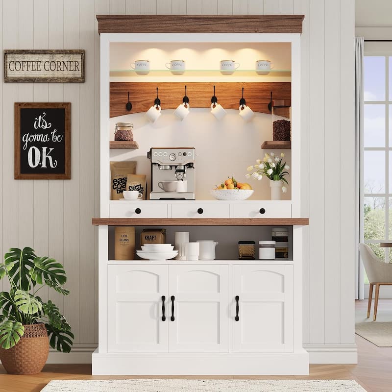 Coffee Bar Cabinet with LED Light, 72" Tall Farmhouse Coffee Bar Hutch with Storage